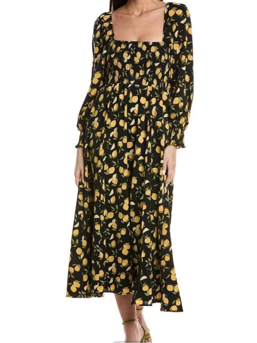 O.P.T Women's Classic Smocked Black & Yellow Lemon Print Square Neck Midi Dress - Picture 3 of 6